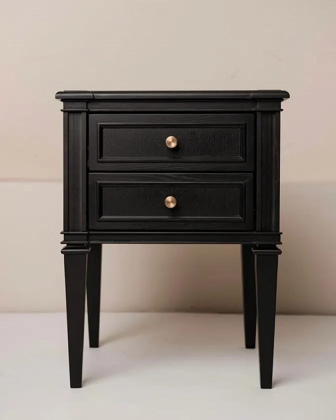 Black Nightstand – Two Drawers, Slim Tapered Legs