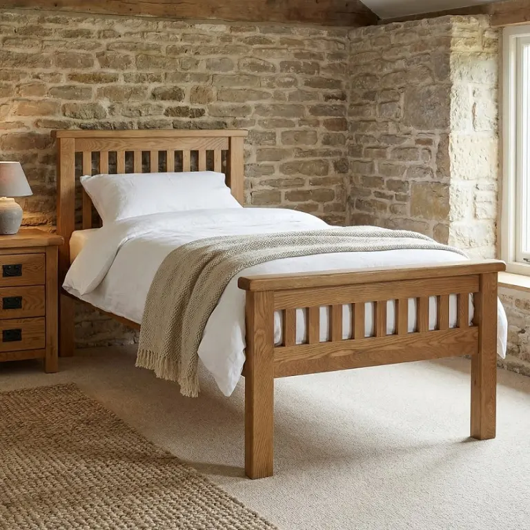 Slatted Single Oak Bed – Chunky Posts, Low Footboard