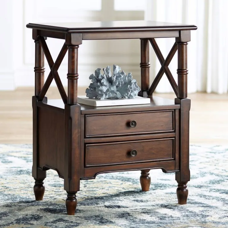 Nightstand with X Details – Open Top Bay, Two Drawers